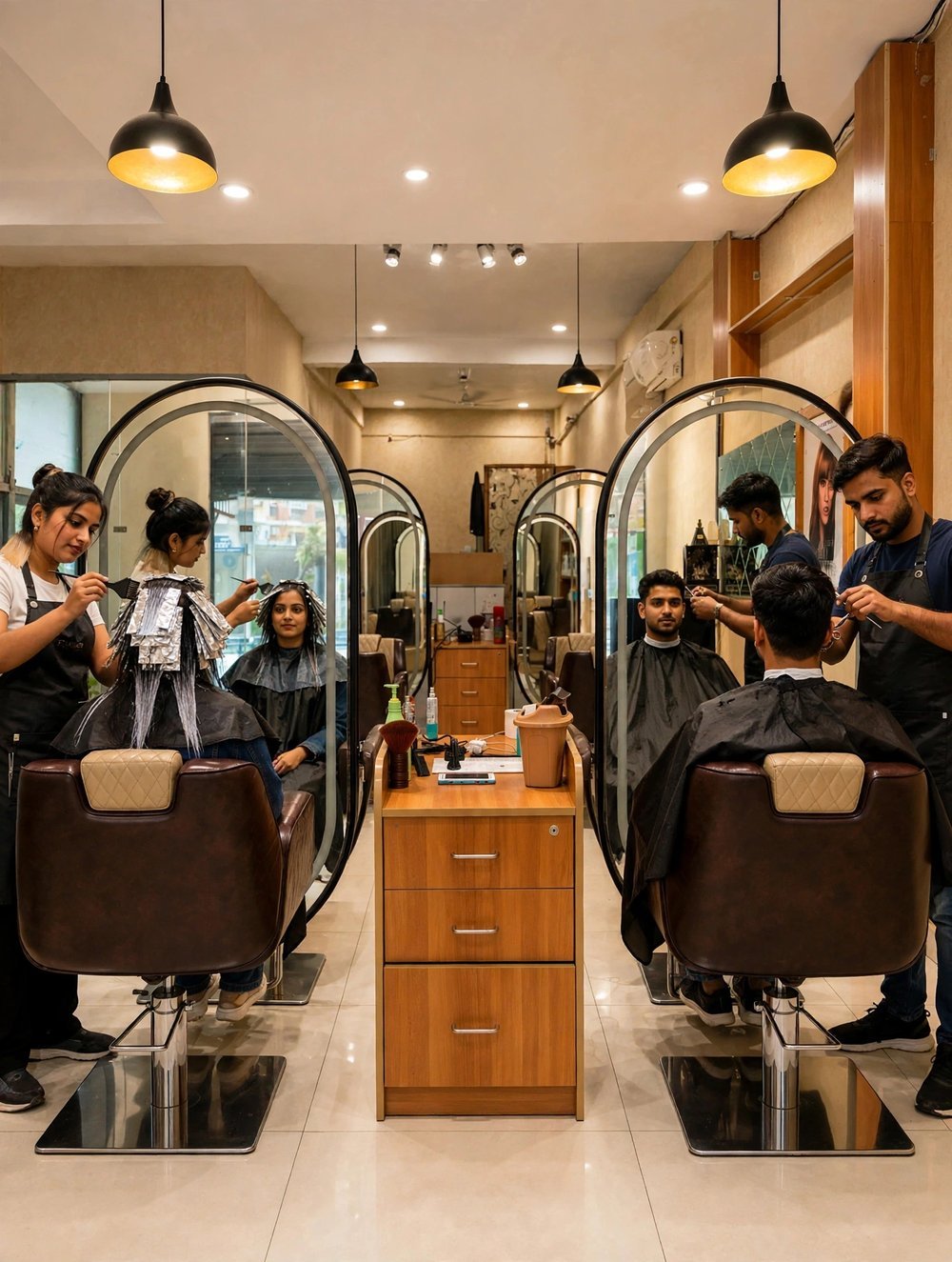 Stylists at Rajshree Oasis working with both women and men clients in the salon
